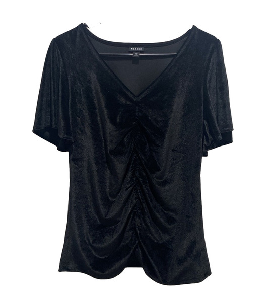 Torrid Stretch Velvet Black Shirred-Front Flutter Sleeve Top Size 00 - Picture 1 of 7